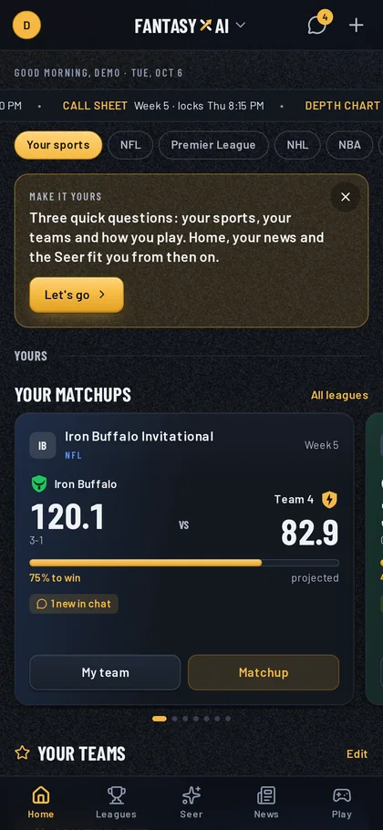 Leagues across several sports on the home screen